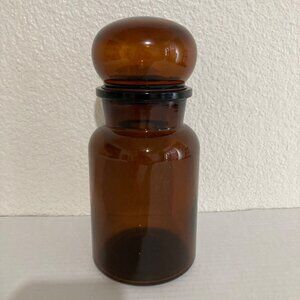 Vintage Belgium Brown Amber Glass Canister Apothecary Jar Bubble Lid 9”
